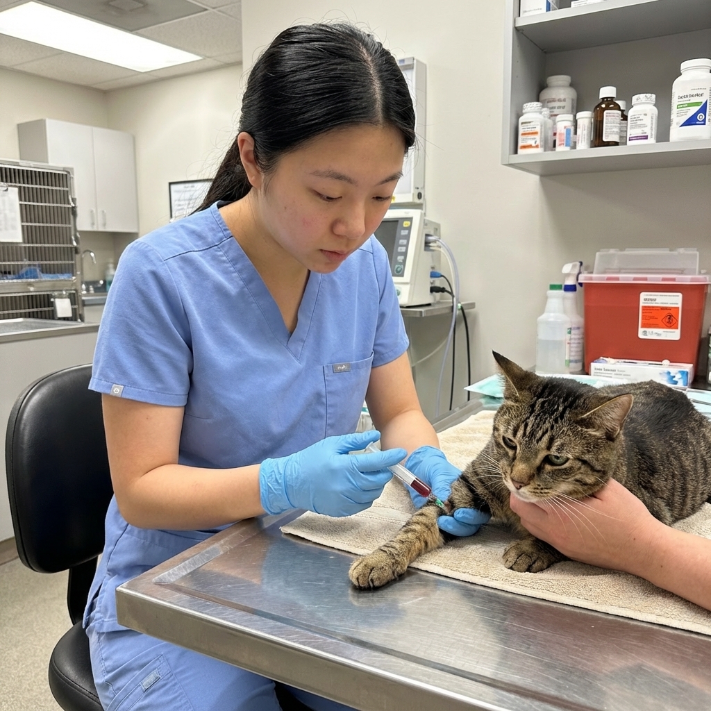 A veterinary technician drawing a blood sample from a calm tabby cat while the cat is gently restrained on a clinic table, realistic photo