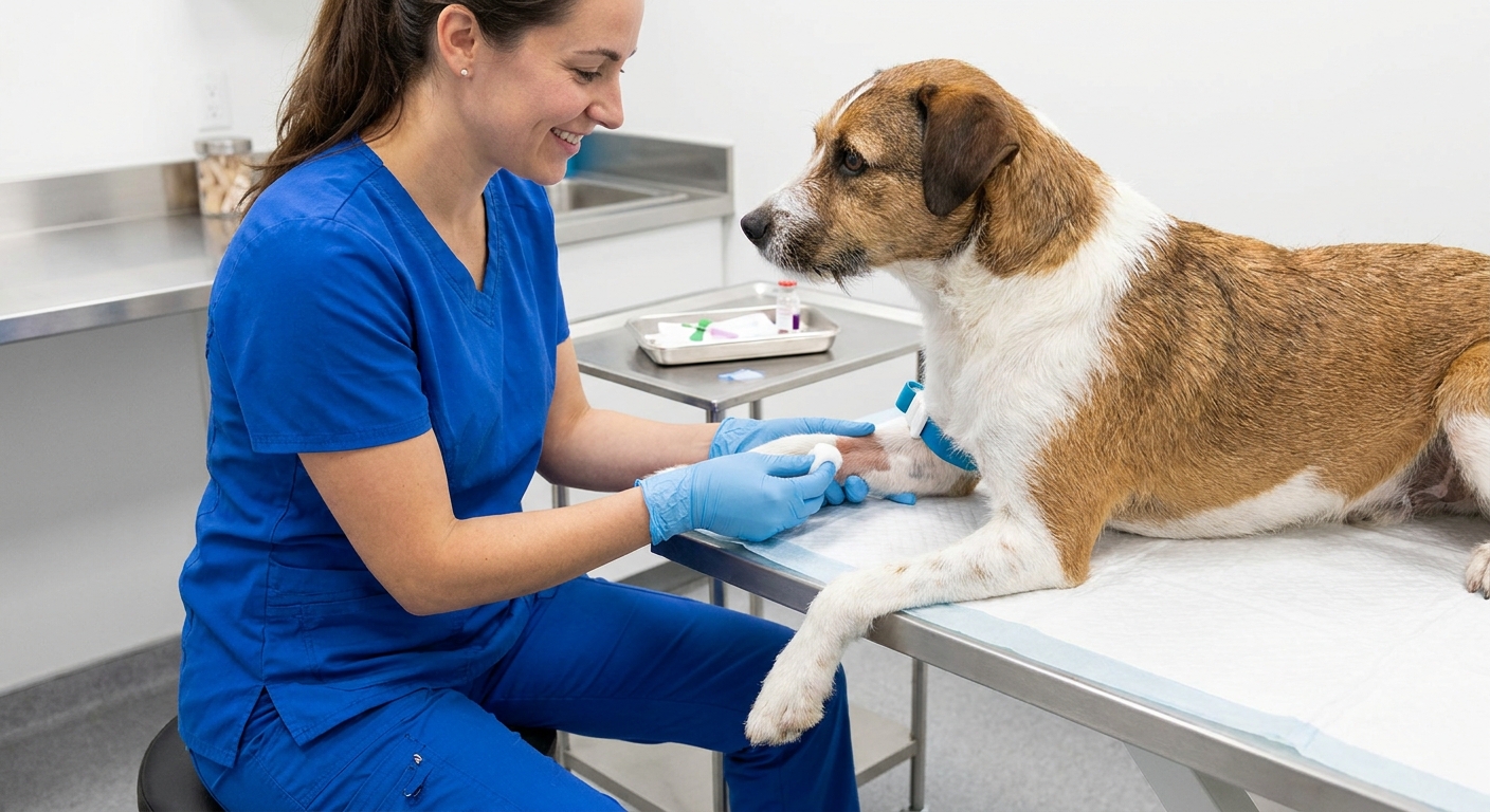 A veterinary technician gently holding a dog’s foreleg while preparing for a blood draw in a clean clinic