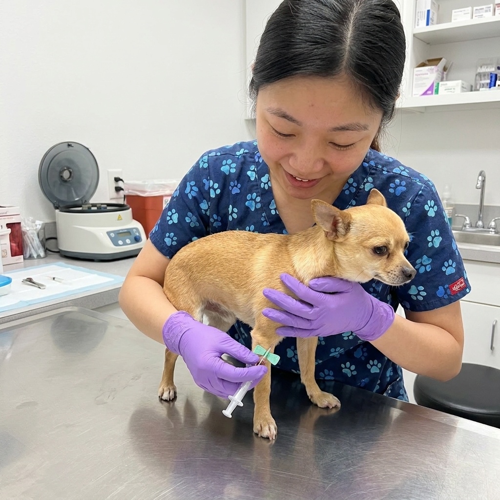 A veterinary technician gently holding a small dog while drawing a blood sample in a clean clinical treatment area
