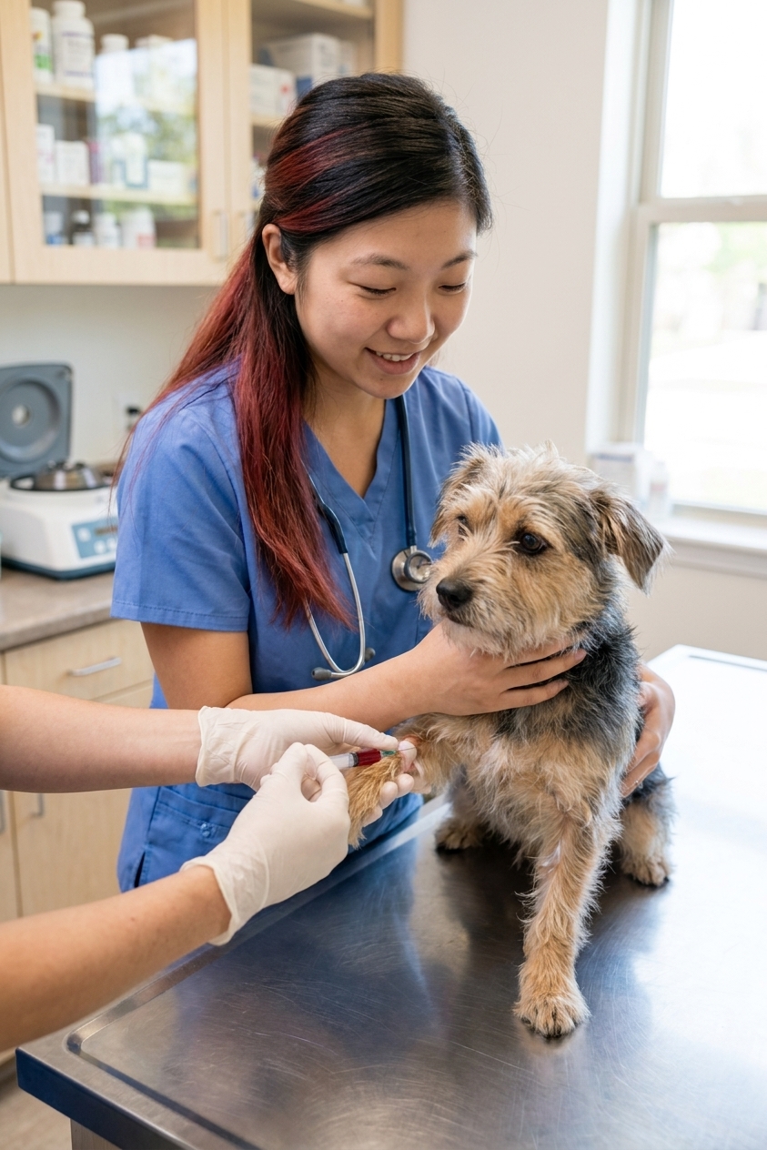 A veterinary technician gently holding a small mixed-breed dog while blood is drawn from the front leg vein in a bright veterinary clinic, real photograph