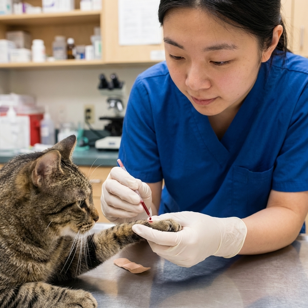 A veterinary technician holding a cat's paw while a small blood sample is being collected in a clinic setting, close-up realistic photo