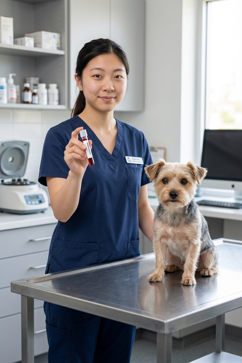 A veterinary technician holding a labeled blood sample tube next to a calm small dog on an exam table in a modern clinic, realistic photo