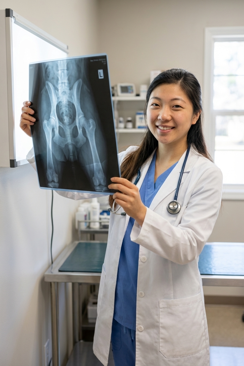 A veterinary technician holding a radiograph of a large dog’s hips in a clinic exam room, photorealistic documentary-style photo