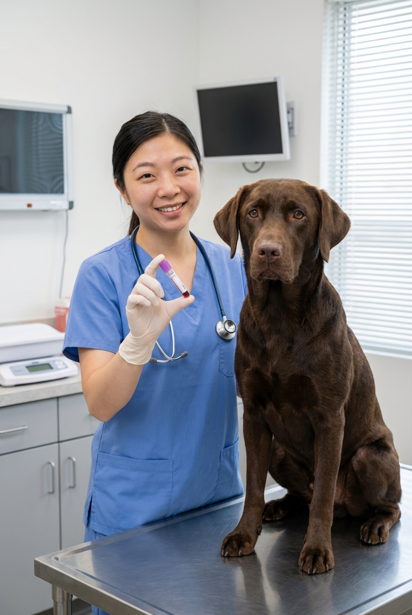 A veterinary technician holding a small blood sample tube beside a dog during an exam