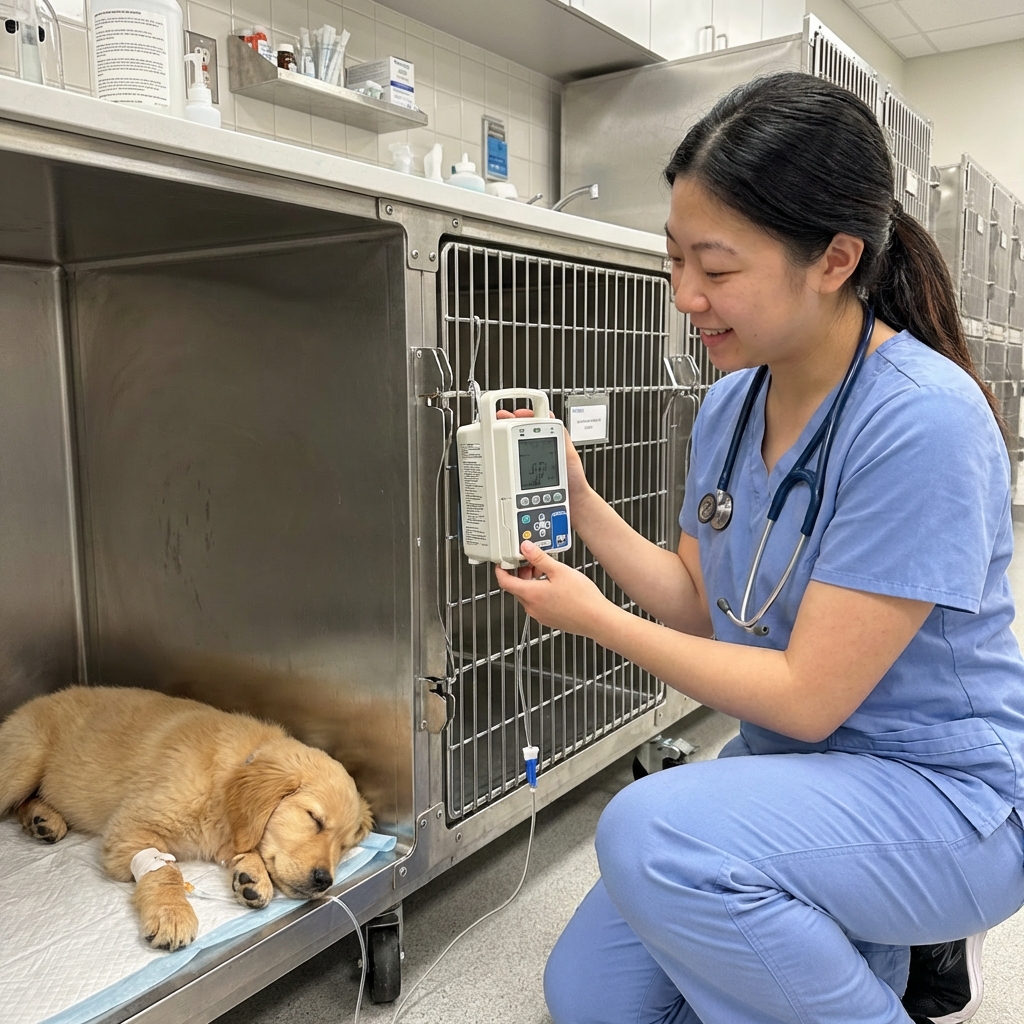 A veterinary technician monitoring an IV fluid line connected to a resting puppy in a clean hospital kennel