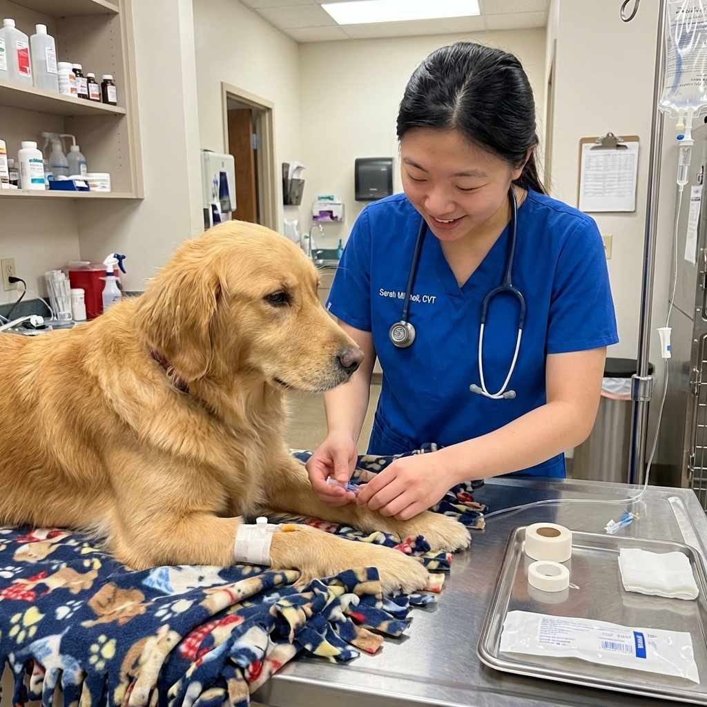 A veterinary technician placing an IV catheter in a calm dog while the dog lies on a soft blanket in a treatment area, realistic photography