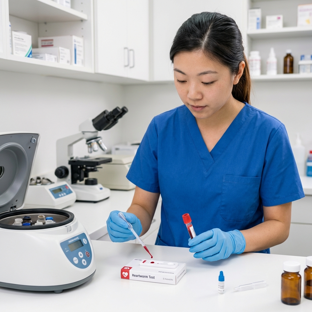 A veterinary technician preparing a small blood sample for an in-clinic heartworm test