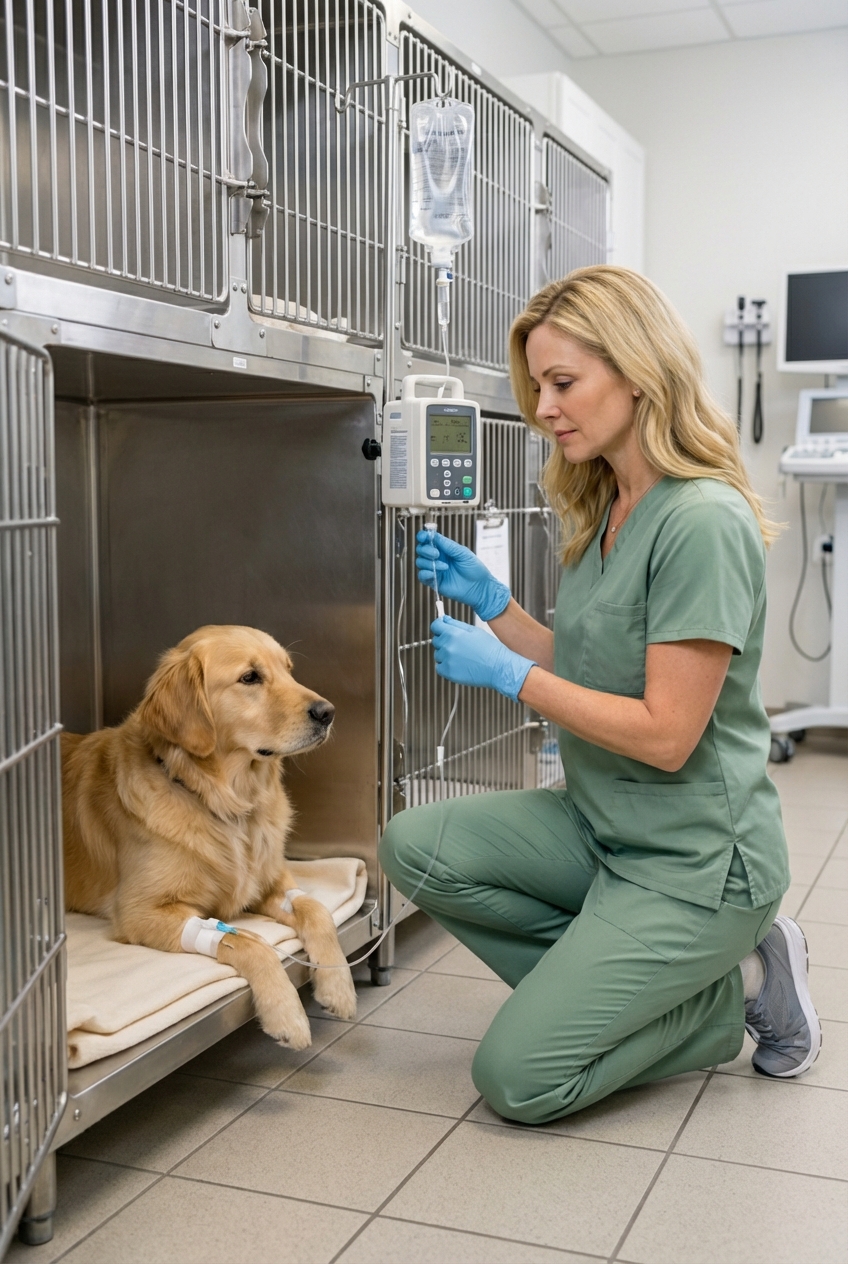 A veterinary technician setting up an IV fluid line next to a dog resting in a clean hospital kennel