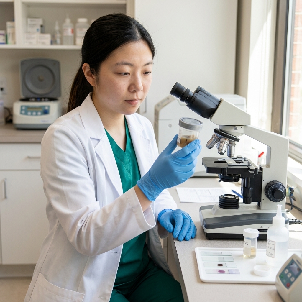 A veterinary technician wearing gloves holding a small stool sample container next to a microscope in a bright clinic lab, realistic photo