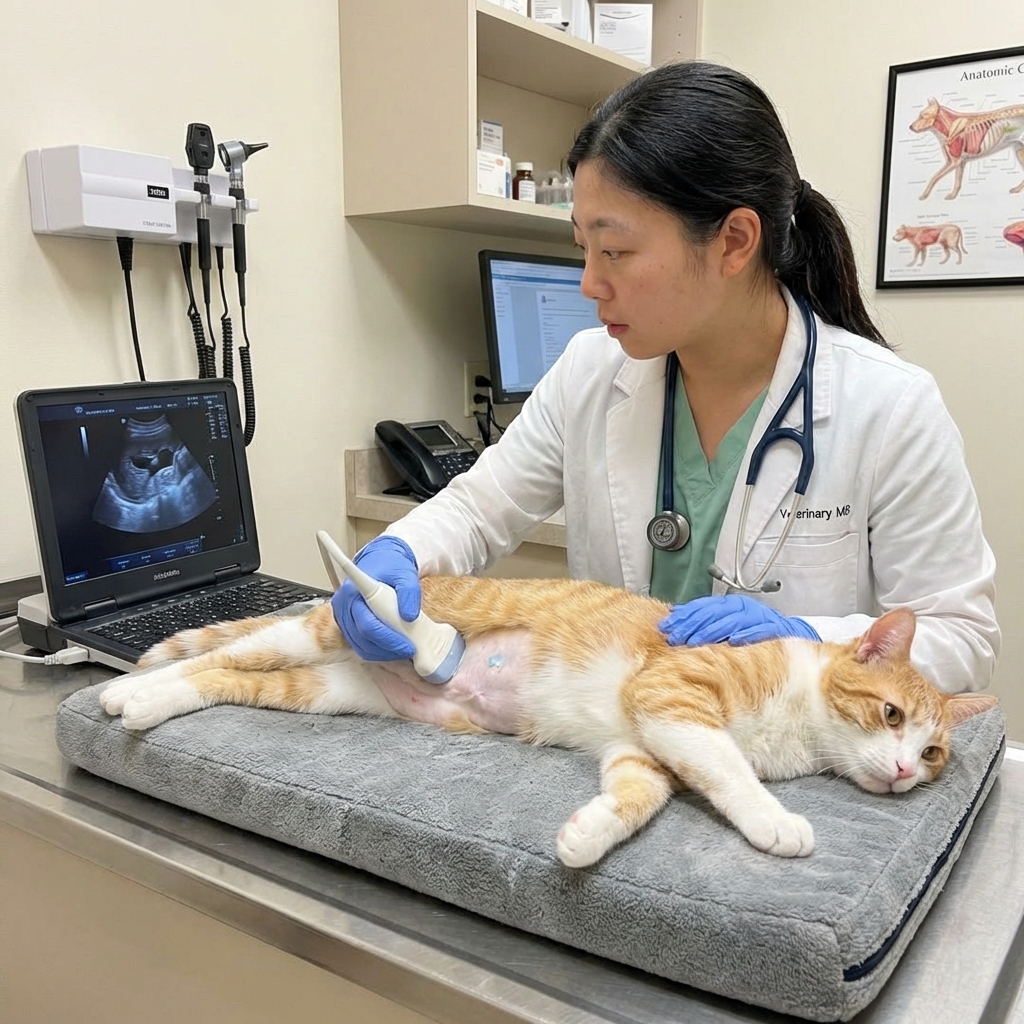 A veterinary ultrasound being performed on a cat lying calmly on a padded table