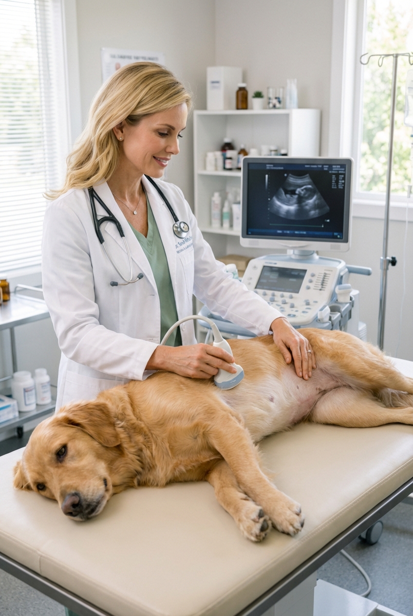 A veterinary ultrasound being performed on a dog lying calmly on a padded table