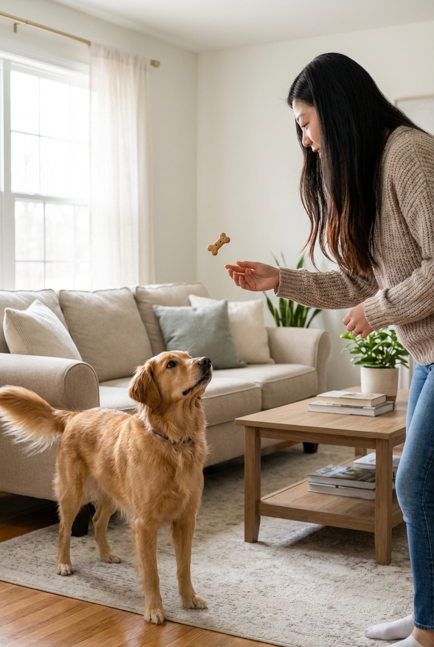 A visitor tossing a small treat gently toward a dog who is standing a few feet away in a living room