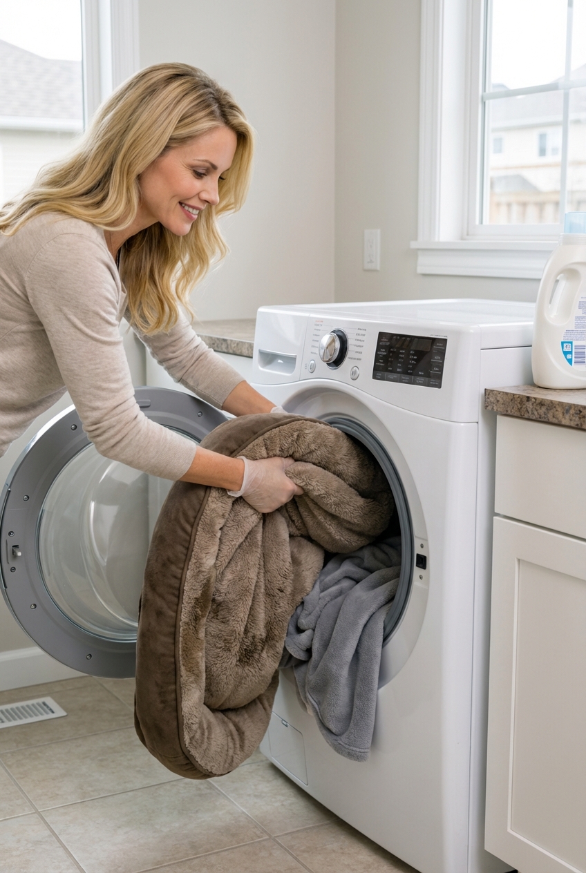 A washing machine being loaded with dog bedding and blankets