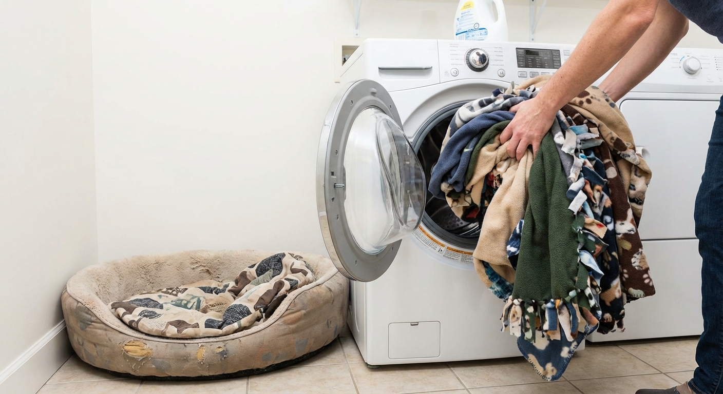 A washing machine being loaded with dog blankets while a dog bed sits nearby