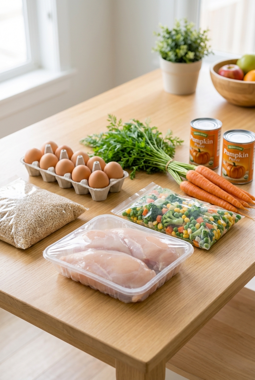 A week’s groceries laid out on a kitchen table, including chicken, eggs, rice, carrots, frozen vegetables, and canned pumpkin