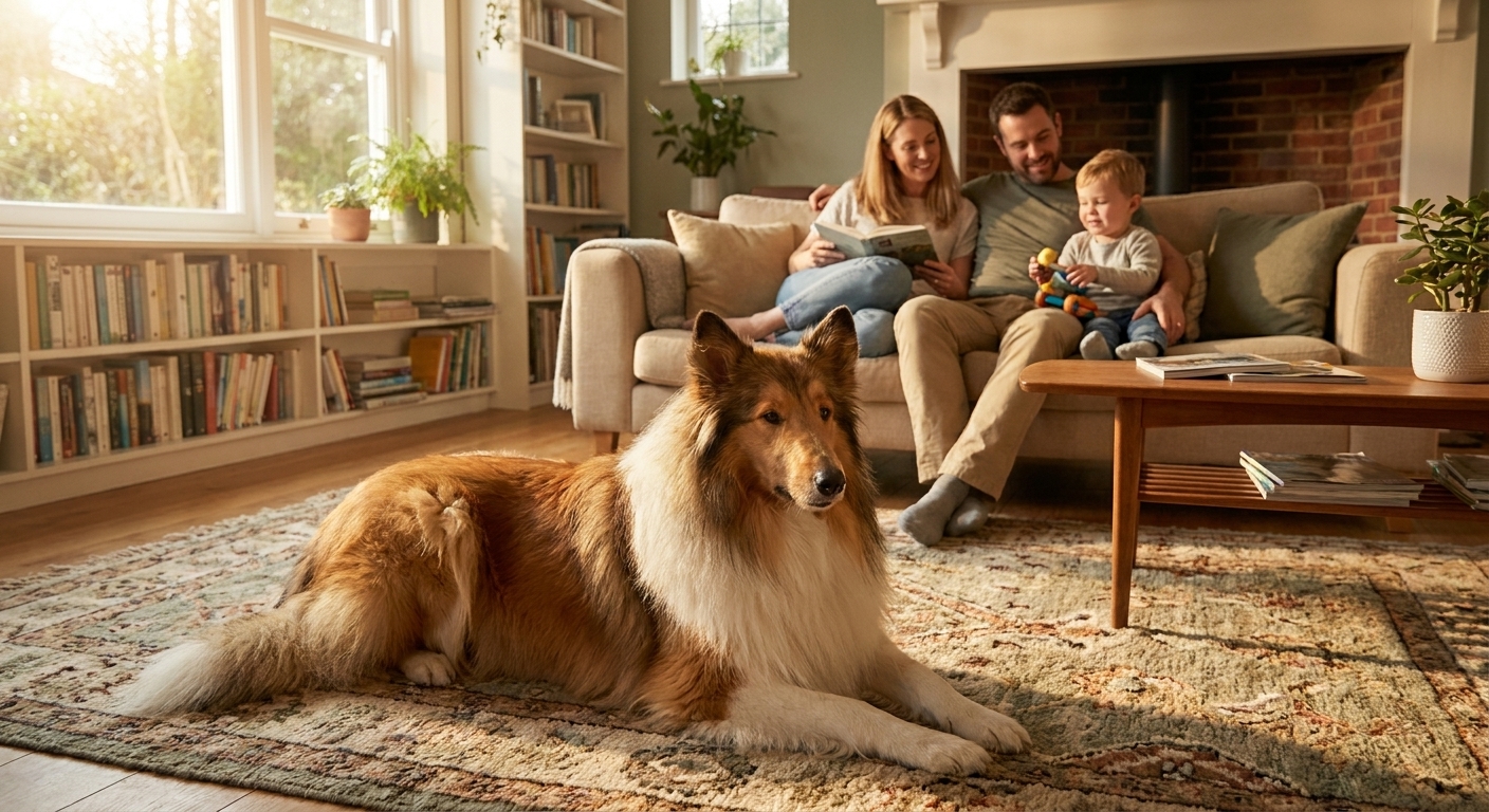 A well-groomed adult Rough Collie lying calmly on a living room rug while a family relaxes nearby, warm indoor natural light, realistic photography