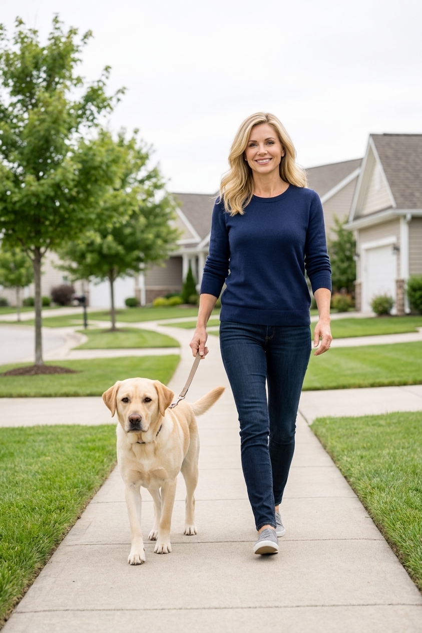 A well-trained Labrador Retriever walking on a loose leash beside an owner on a quiet suburban sidewalk, real outdoor photograph