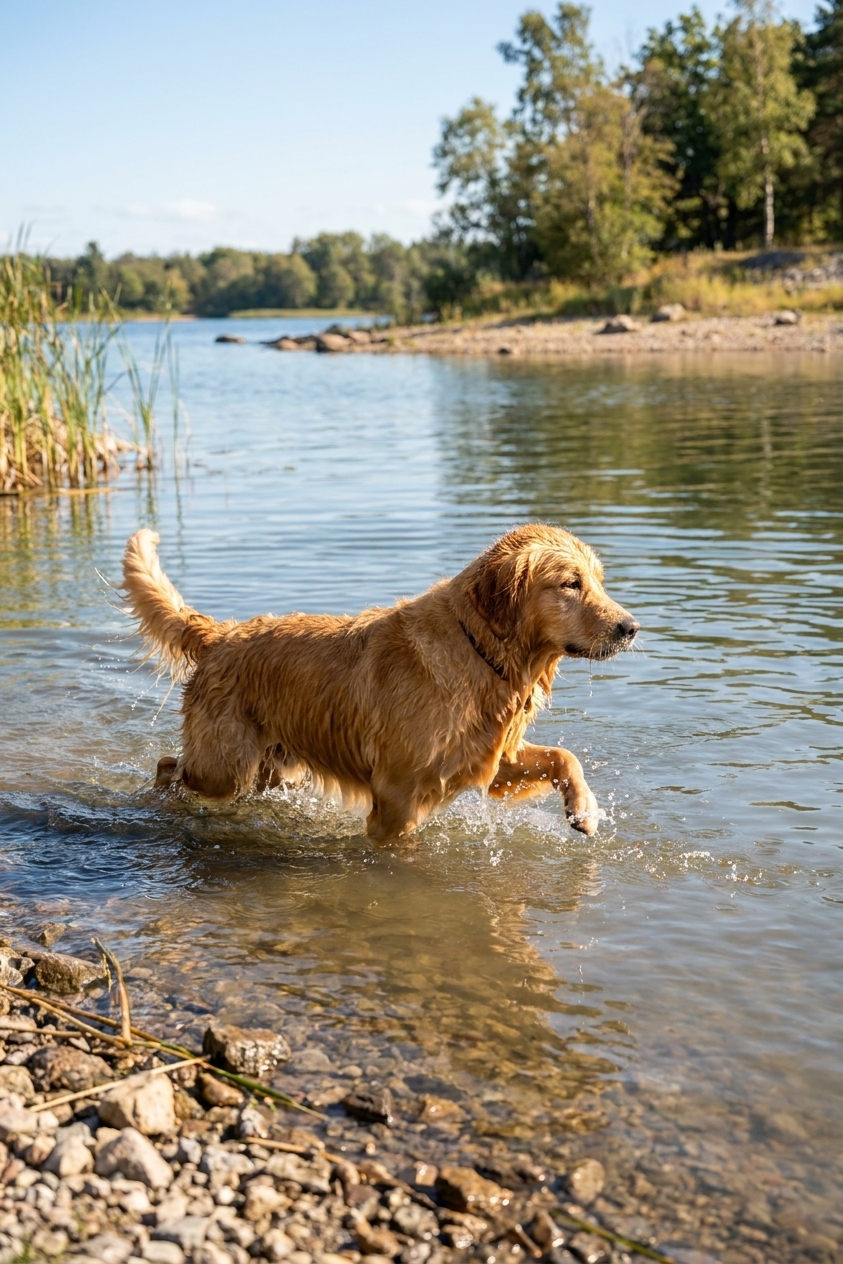 A wet Golden Retriever paddling in a calm lake near the shoreline on a sunny day, natural action photo