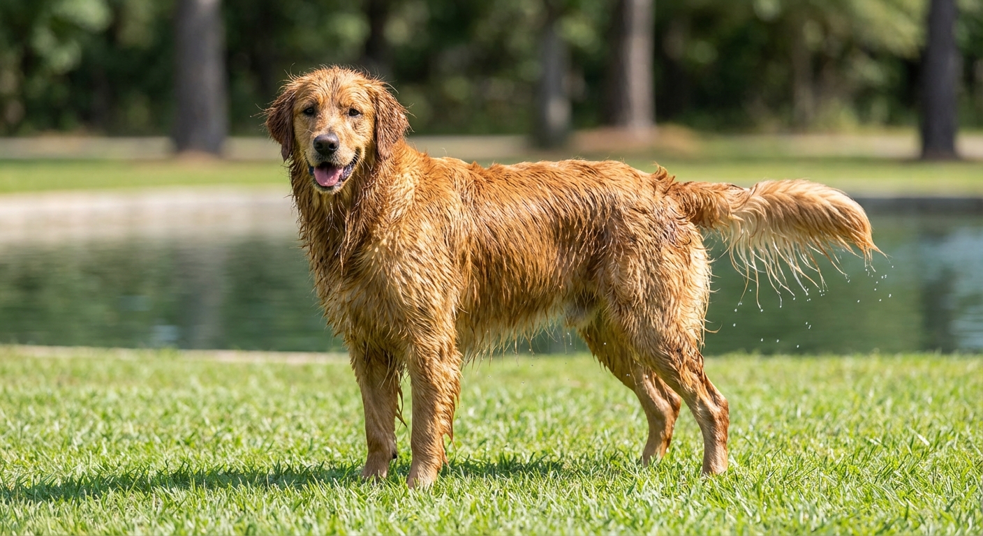 A wet Golden Retriever standing on grass after a swim, with water droplets visible on the coat