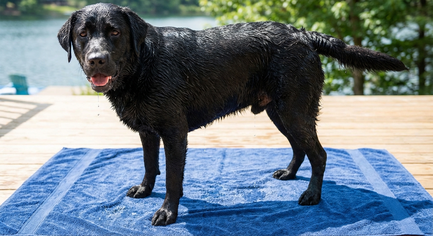 A wet Labrador retriever standing on a towel after a swim with damp fur