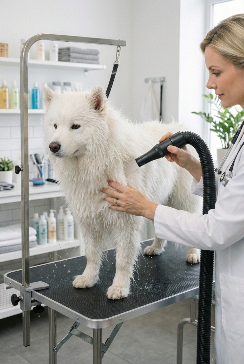 A wet Samoyed being gently dried with a high velocity pet dryer in a grooming area