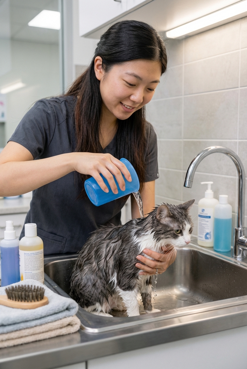 A wet cat being gently supported in a sink while a person pours warm water from a plastic cup over the cat's back