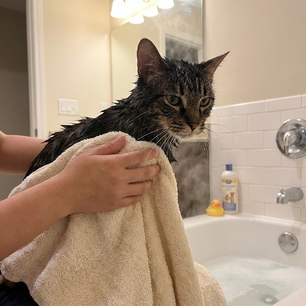 A wet cat being gently towel-dried in a bathroom with a soft towel wrapped around its body