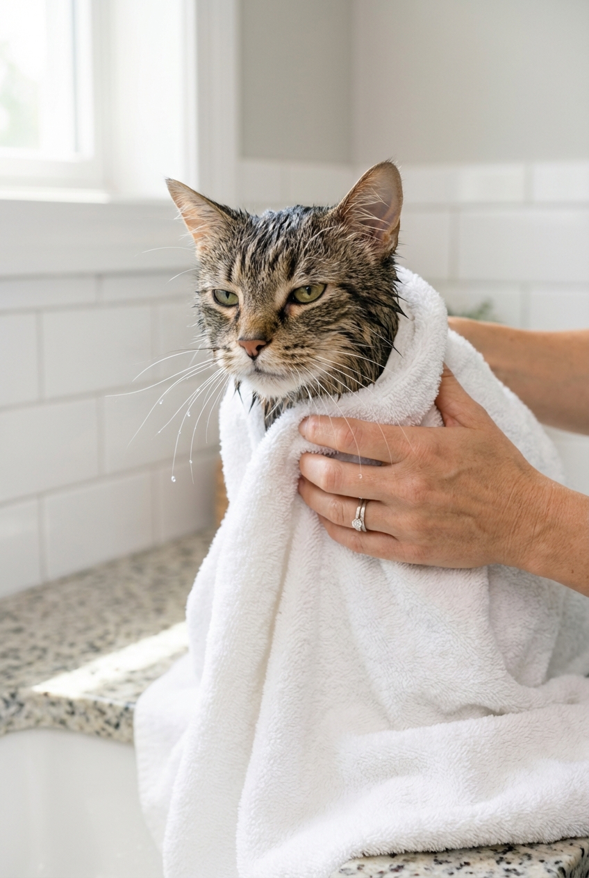 A wet cat being gently wrapped in a large towel after a bath