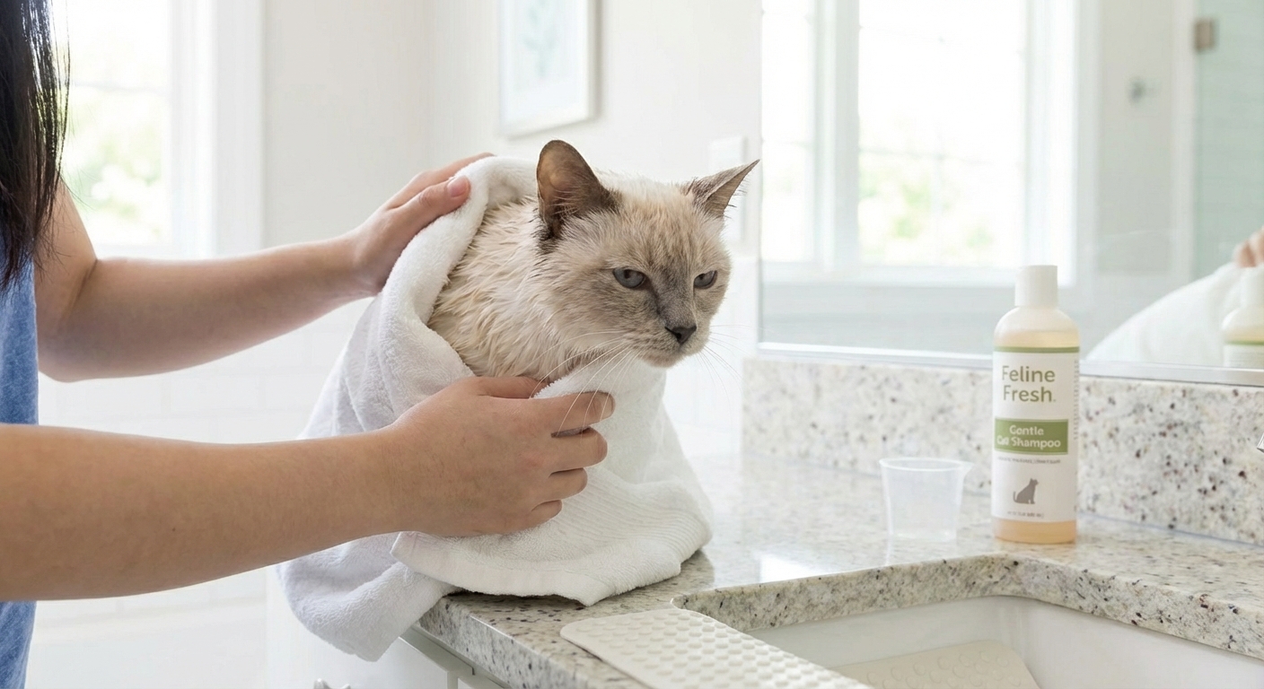 A wet cat being gently wrapped in a towel burrito with only the head exposed