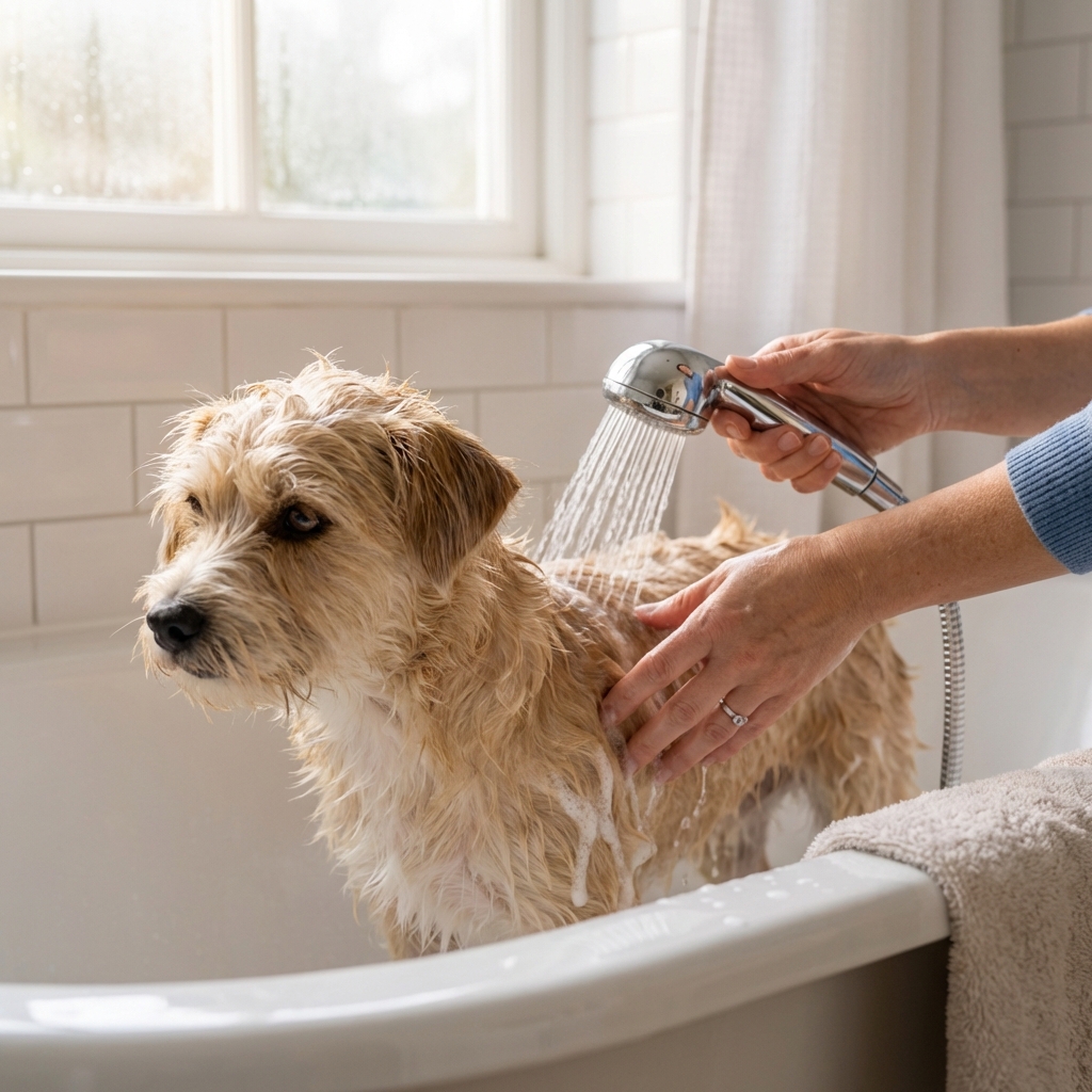A wet dog being gently bathed in a home bathtub with a handheld sprayer