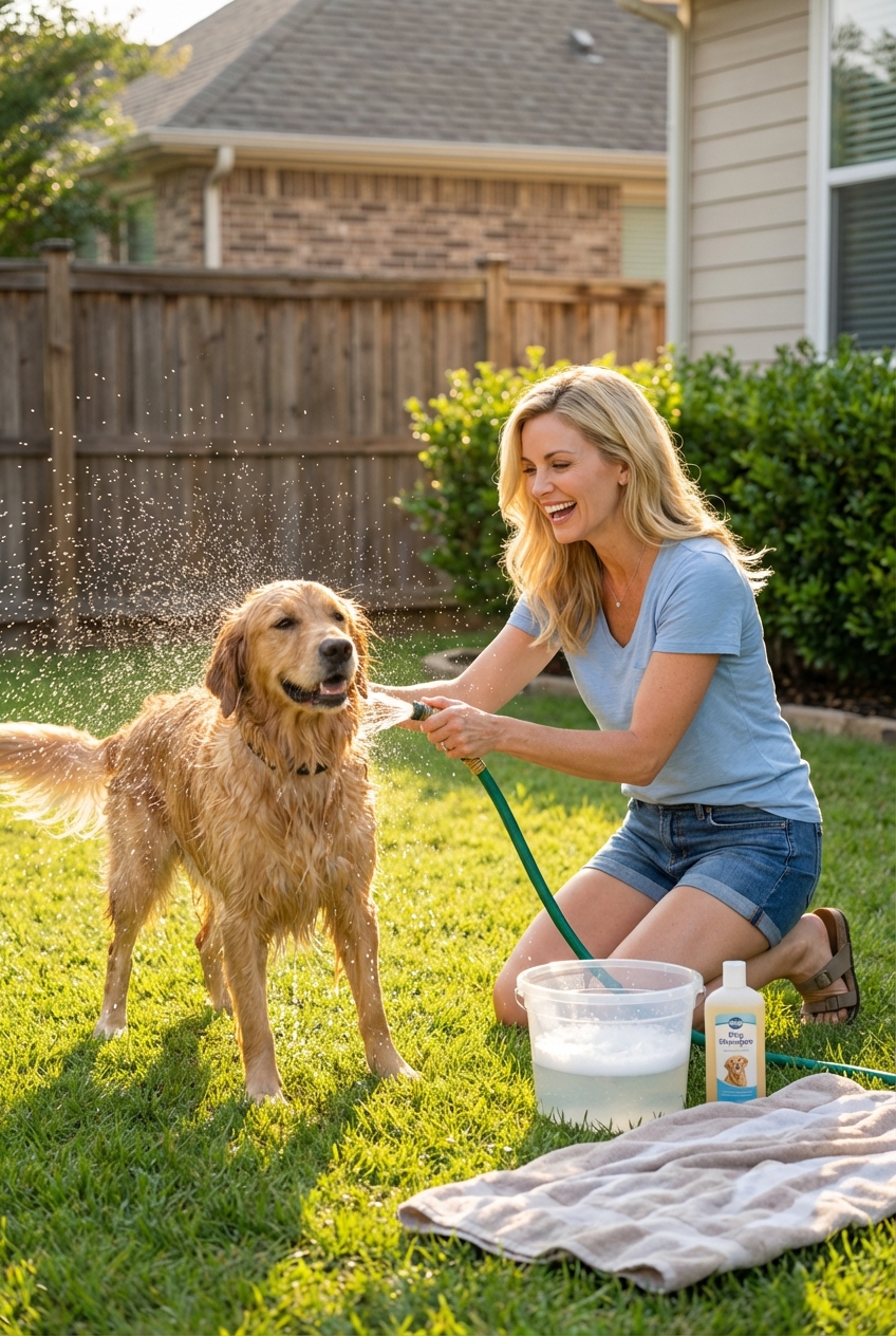 A wet dog being gently bathed outdoors with a garden hose