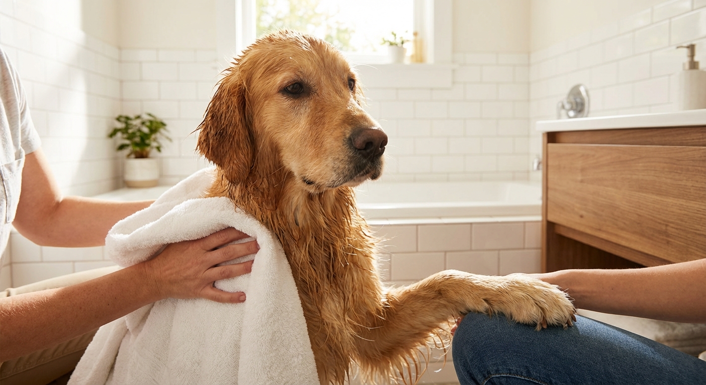 A wet dog being gently towel-dried after a bath in a bright bathroom