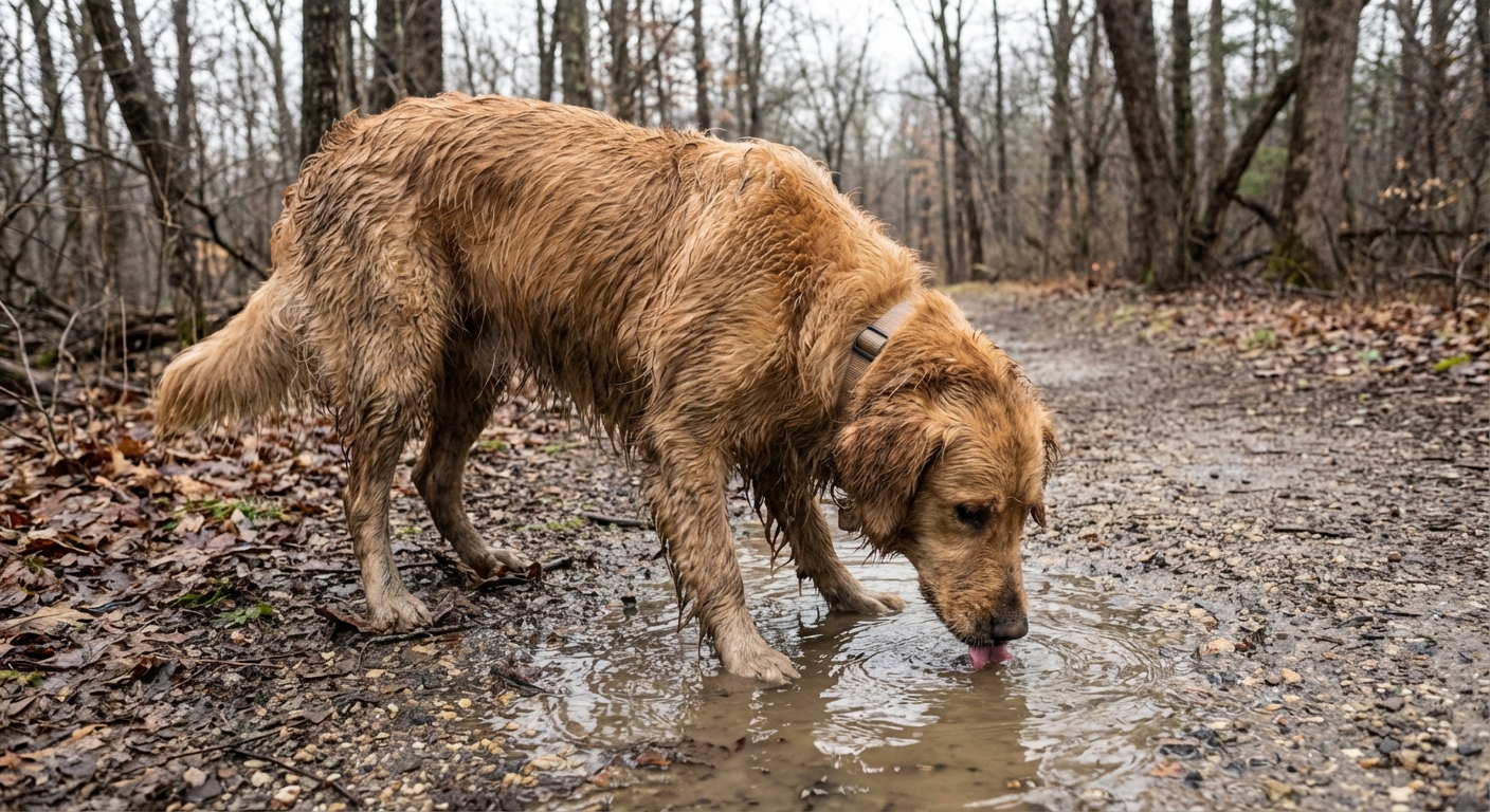 A wet dog drinking from a shallow outdoor puddle on a walking trail
