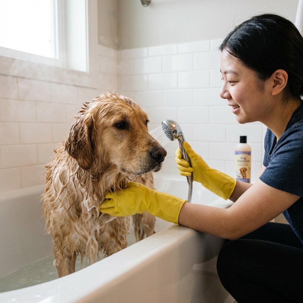 A wet dog standing in a bathtub while an owner wearing rubber gloves prepares to rinse the coat