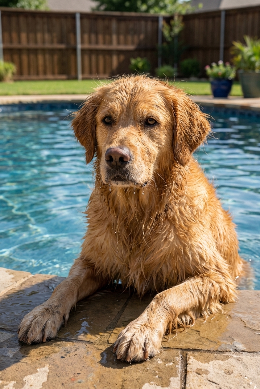 A wet medium-sized dog resting at the edge of a backyard pool with water droplets on its face, realistic outdoor photo