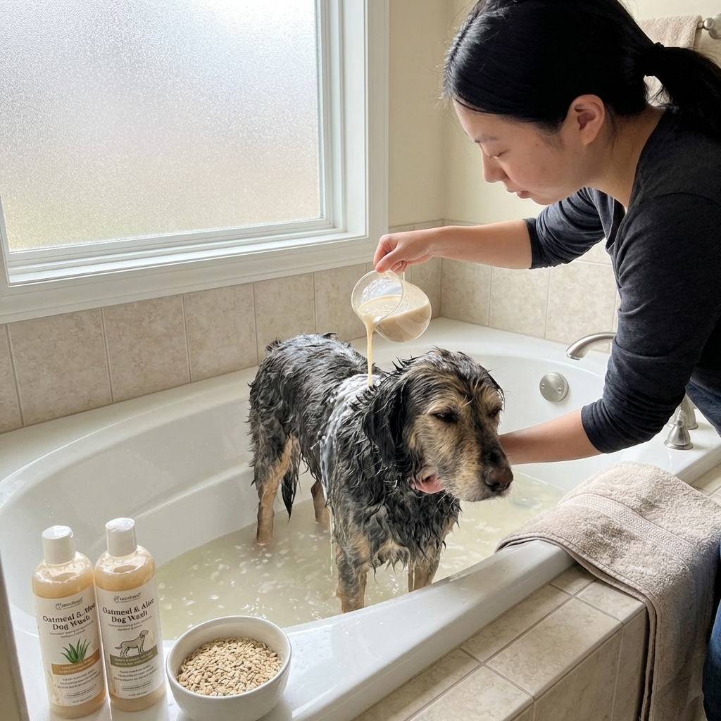 A wet mixed-breed dog in a bathtub being gently soaked with an oatmeal-based wash