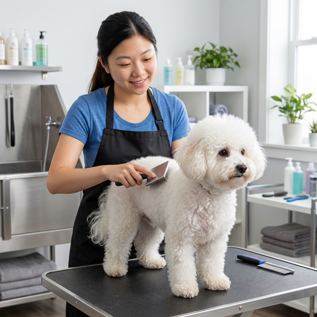 A white Bichon Frise standing calmly on a grooming table while a groomer gently brushes its curly coat with a slicker brush, indoor salon photo