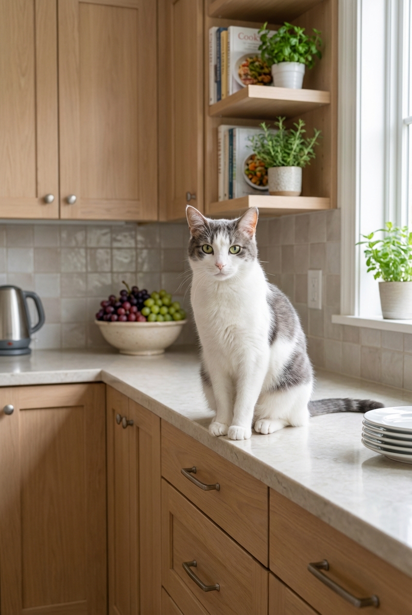 A white and gray cat sitting near a kitchen counter with a bowl of grapes pushed to the back