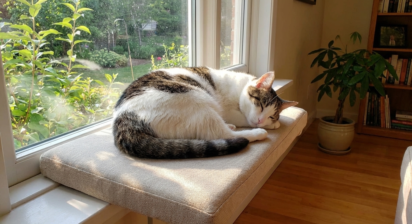 A white-and-tabby cat lying on a cushioned windowsill perch in a sunny living room, peaceful indoor scene, real photo