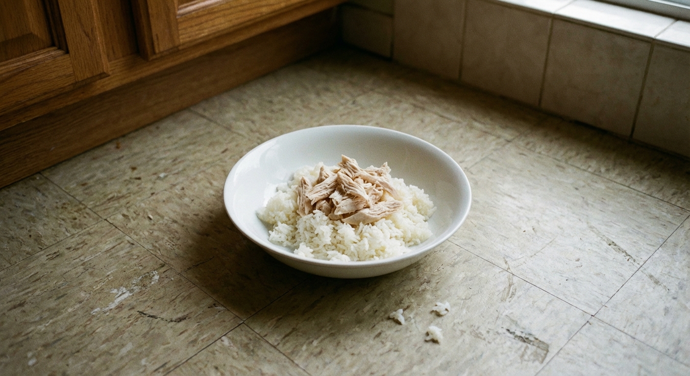 A white bowl containing a small portion of plain cooked rice and shredded chicken on a kitchen floor