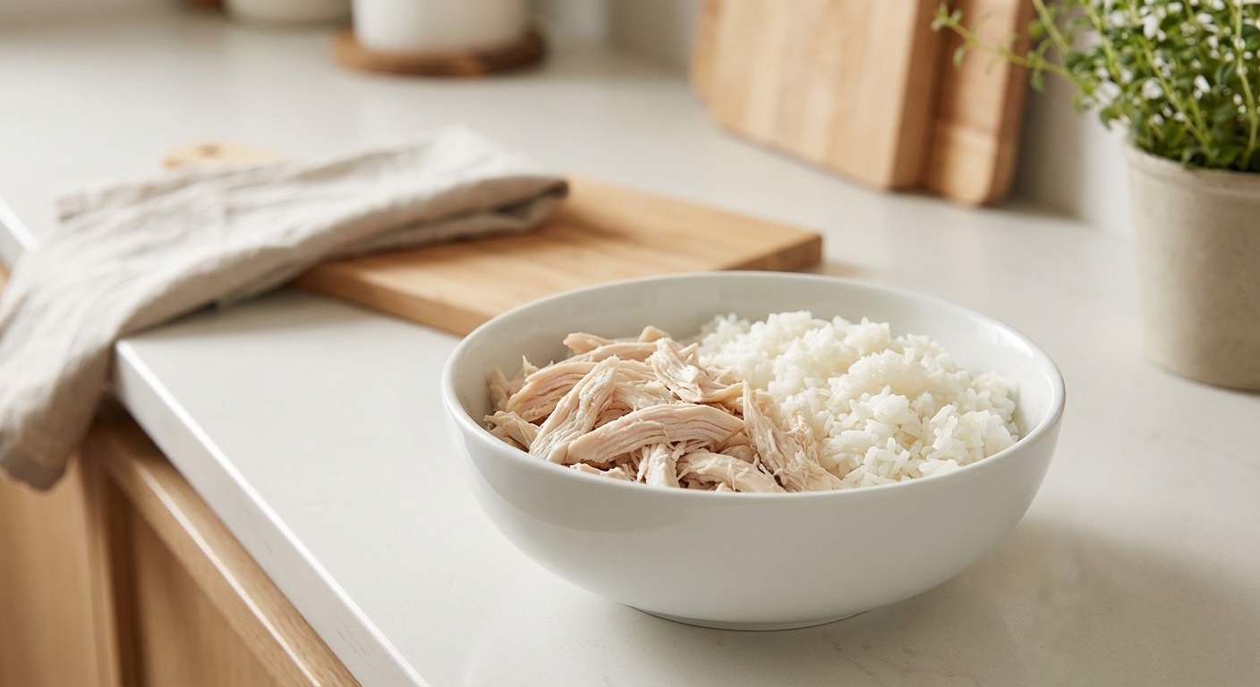 A white ceramic bowl filled with plain boiled chicken and white rice on a kitchen counter