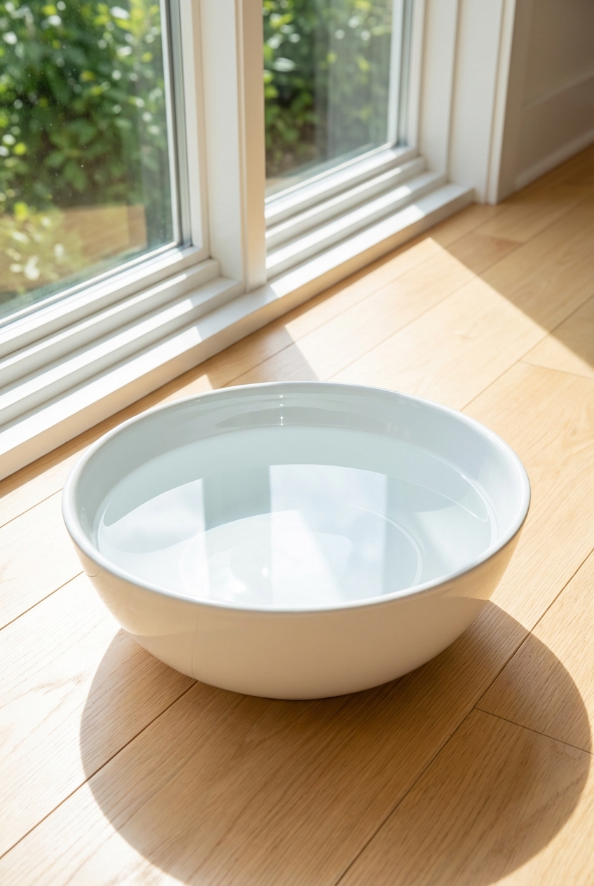 A white ceramic wide shallow bowl filled with fresh water on a clean floor next to a sunny window
