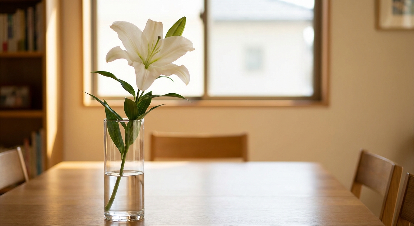 A white lily in a glass vase on a dining table in a home