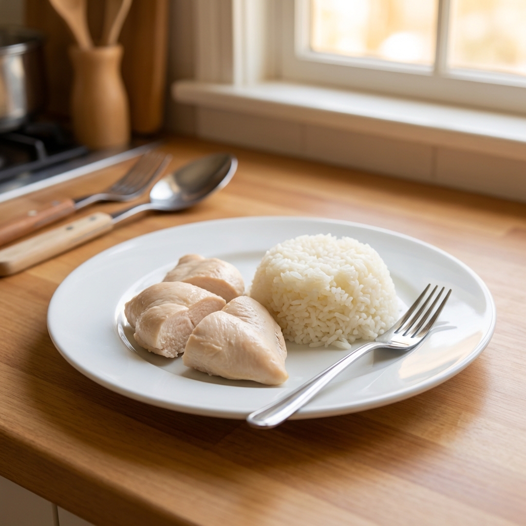 A white plate holding a small portion of boiled chicken and white rice on a kitchen counter