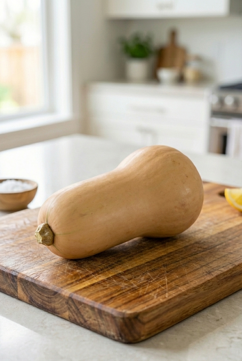 A whole butternut squash on a wooden cutting board