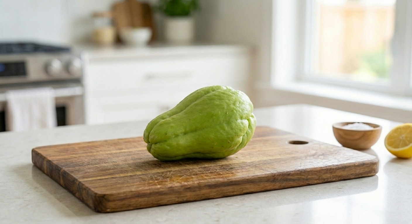 A whole chayote squash on a countertop