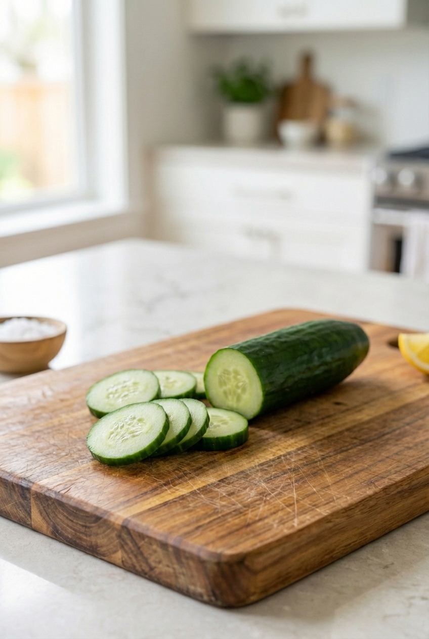 A whole cucumber with a few slices next to it