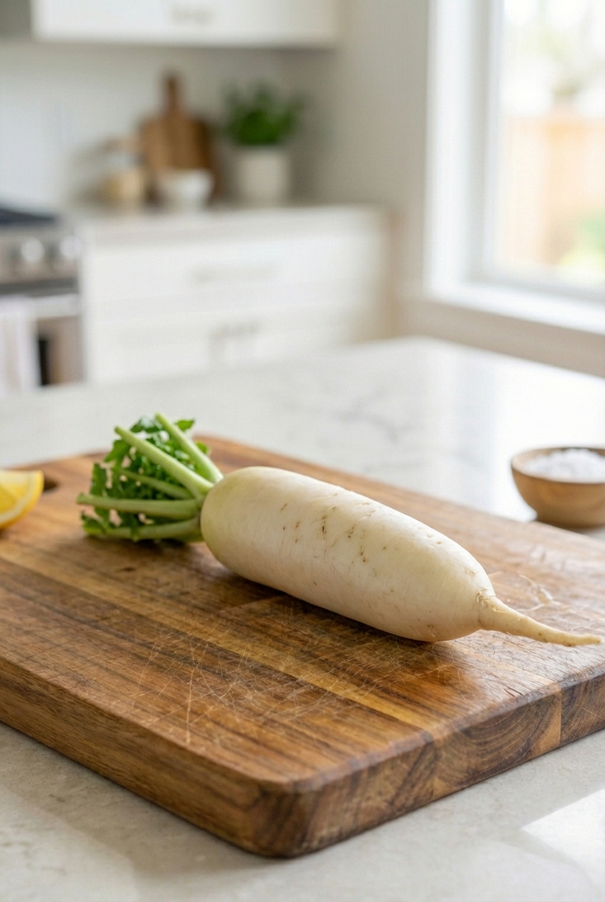 A whole daikon radish on a cutting board