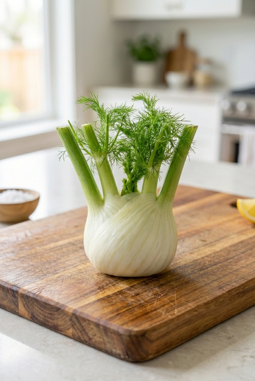 A whole fennel bulb with green fronds attached