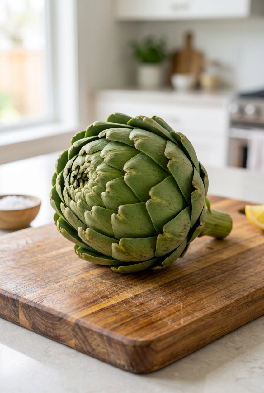 A whole fresh globe artichoke on a wooden cutting board